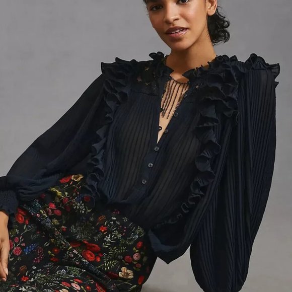0100 Anthropologie Pleated Ruffled Black Blouse - New XXS Retail $148 - Picture 1 of 9